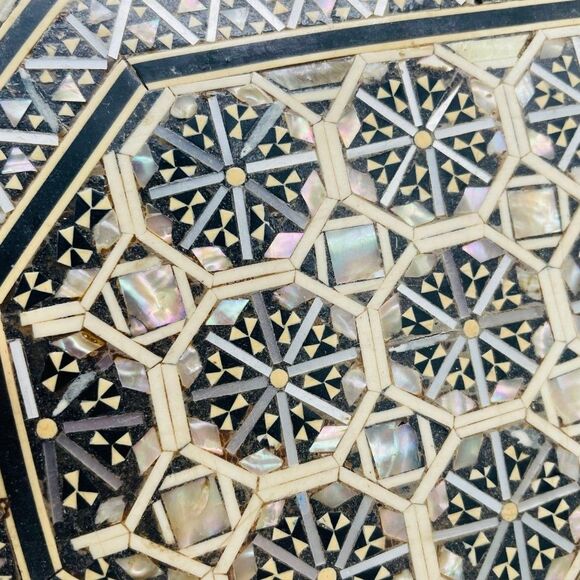 Vtg Large Mother of Pearl Hand Crafted Wooden Inlaid Jewelry Box Micro Mosaic - Picture 8 of 12